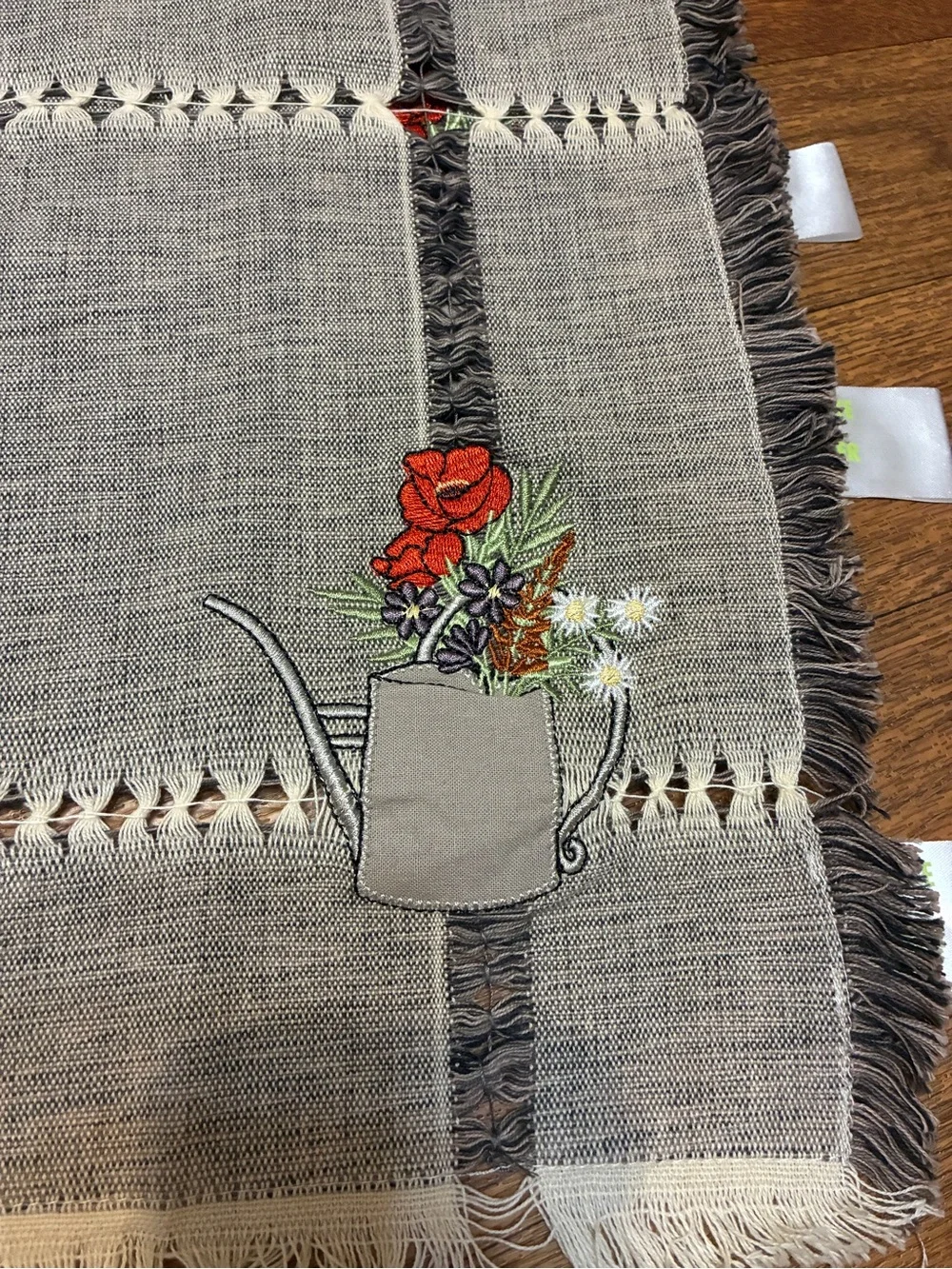 5 Gray Embroidered Watering Can Placemats with Fringe (Set of 5)